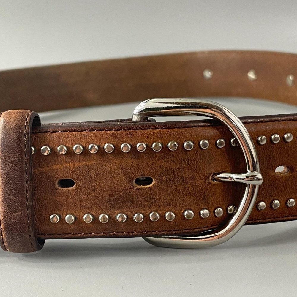 Tony Lama Brown Leather Silver-tone Studded Belt, Size 38 - Picture 2 of 13